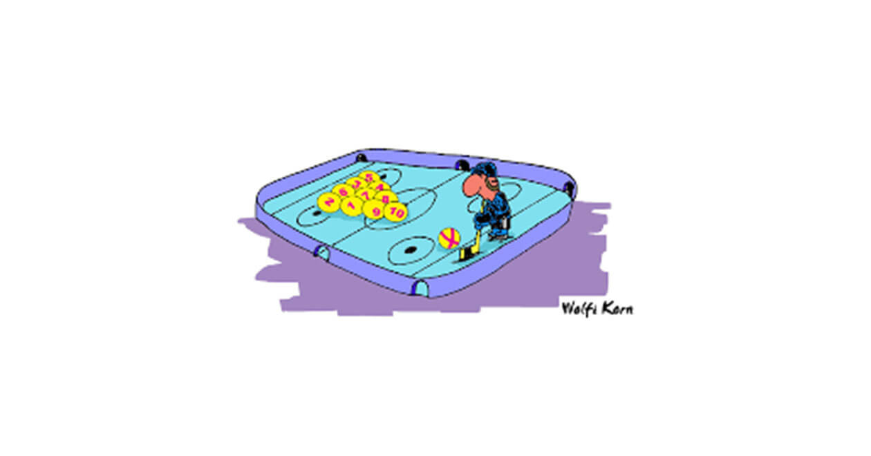 Karikatur Eishockey Spieler mit nummerierten Bällen